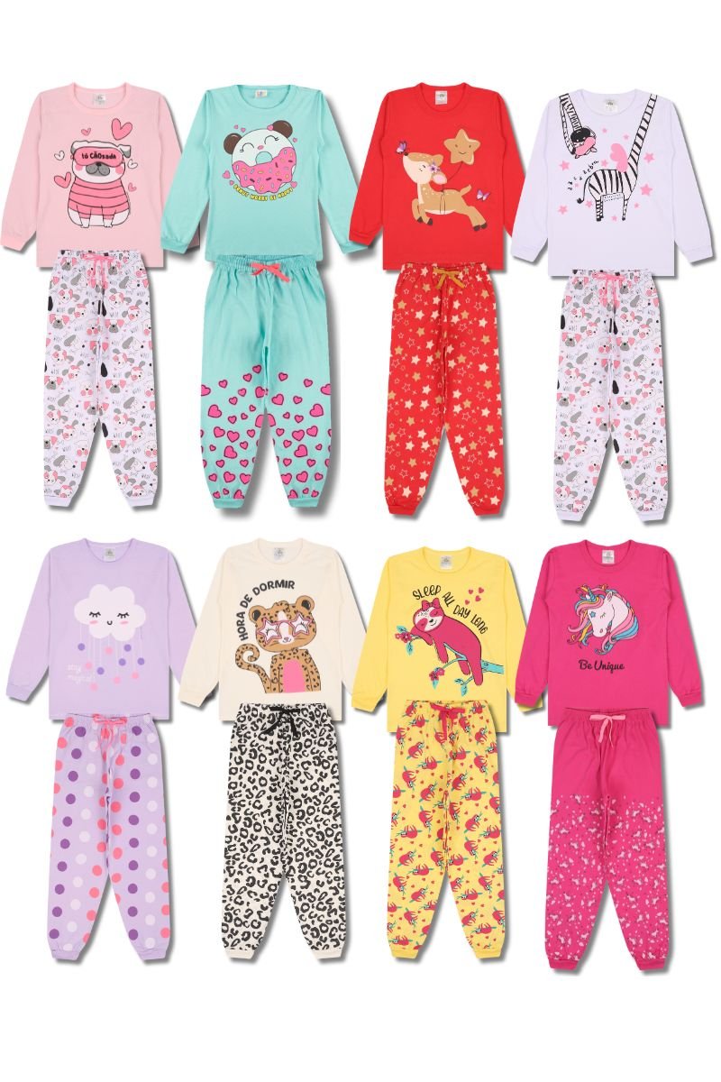 Kit 5 Pijamas Longos Infantis Femininos – Estampas Sortidas