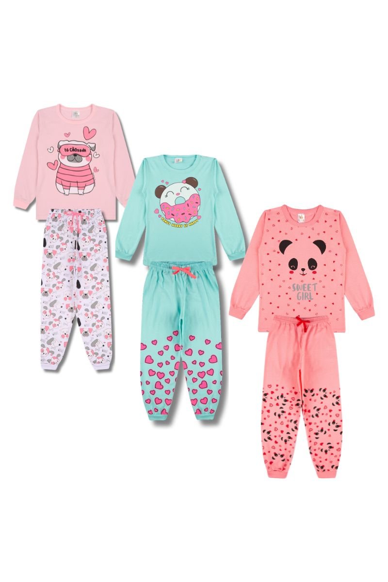 Kit 5 Pijamas Longos Infantis Femininos – Estampas Sortidas