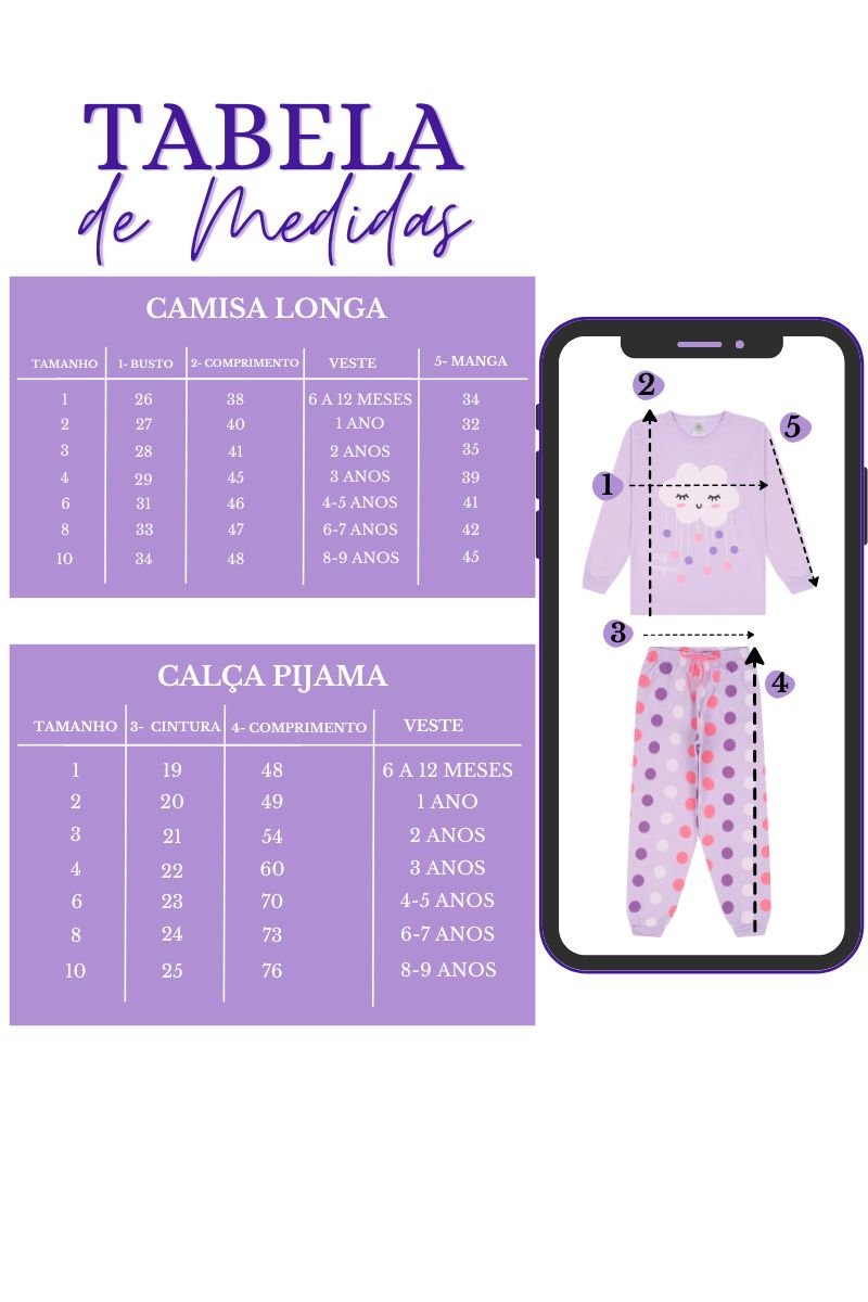 Kit 5 Pijamas Longos Infantis Femininos – Estampas Sortidas