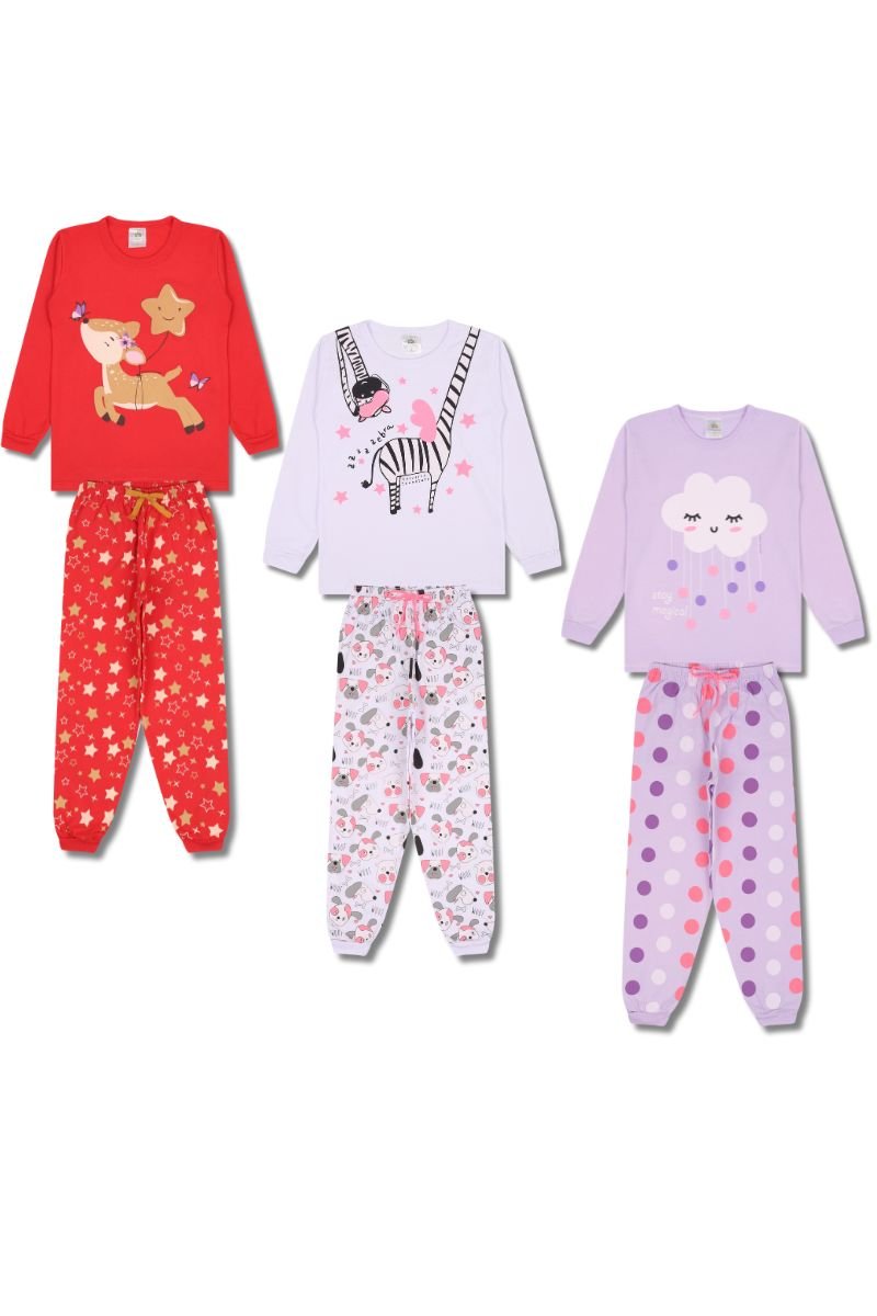 Kit 5 Pijamas Longos Infantis Femininos – Estampas Sortidas