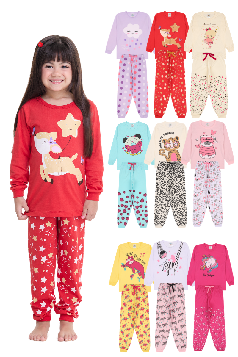 Kit 5 Pijamas Longos Infantis Femininos – Estampas Sortidas