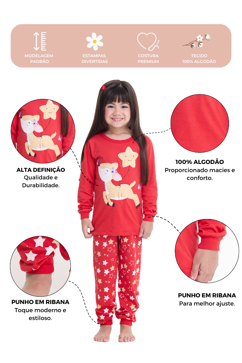 Kit 5 Pijamas Longos Infantis Femininos – Estampas Sortidas